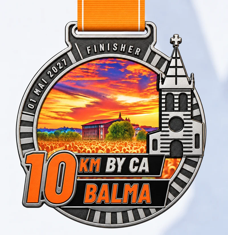 Médaille finisher du 1er mai 2027 : médaille argentée avec le clocher de Balma, un coucher de soleil orangé sur la foule des coureurs et l'inscription 10 km by CA Balma, ruban orange.